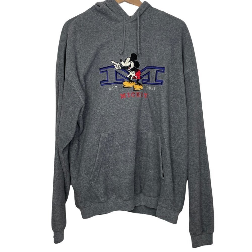 Vintage Disney Grey Embroidered Mickey Mouse Hoodie Sweatshirt Size: XL